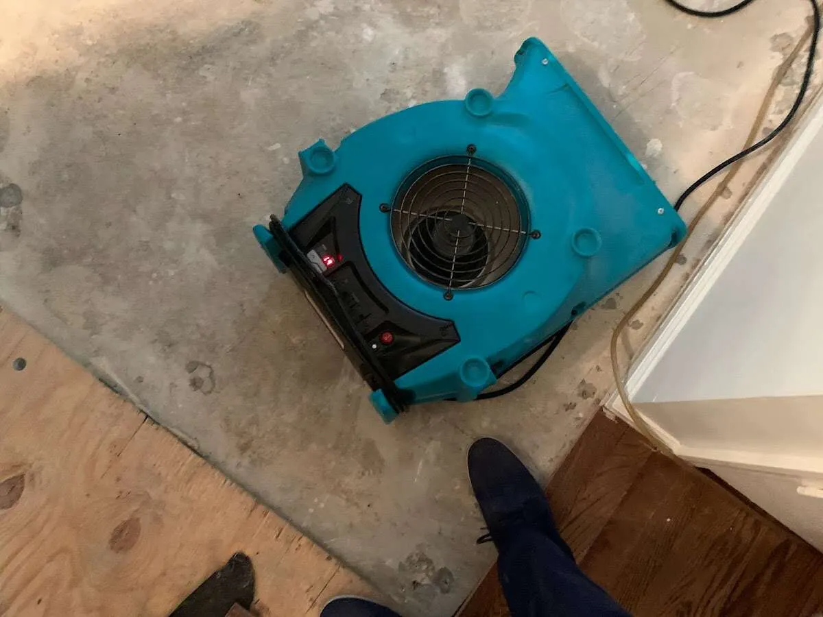 Air mover drying subfloor during Commercial Water Damage Restoration in Pecan Plantation